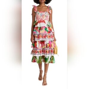 NWT Farm Rio Smocked Swiss Dot Cotton Midi Dress Tiered Tie Straps Womens M